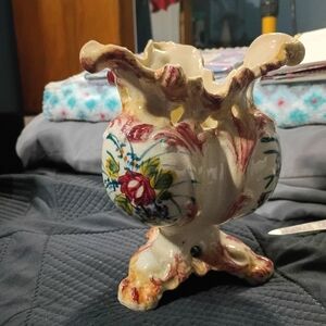 Floral Ceramic Vase with Red and Cream Accents